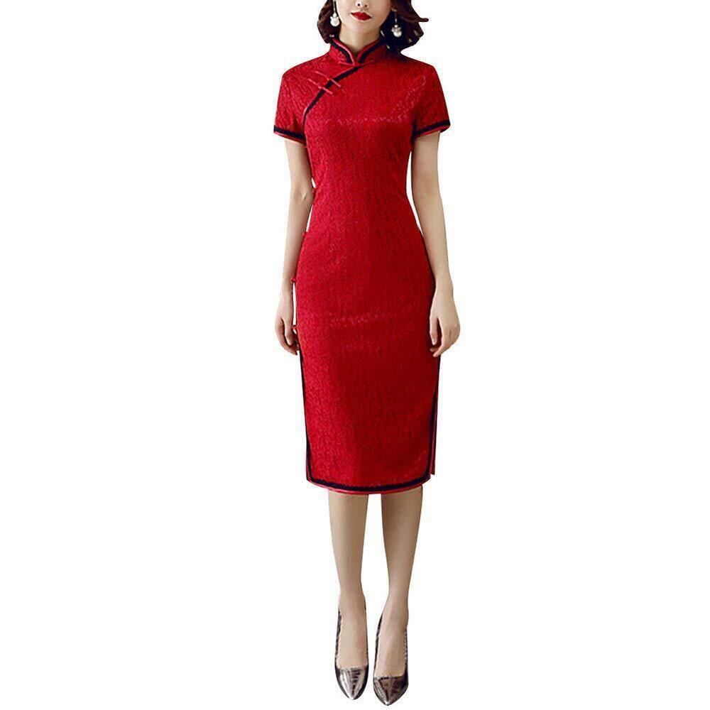 1622 Lace Floral Cheongsam Costume Vintage Embroidery Short Sleeve Side